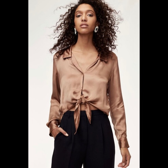 Wilfred Aritzia Long Sleeve Tan Blouse with Tie-up Knot - Picture 1 of 9